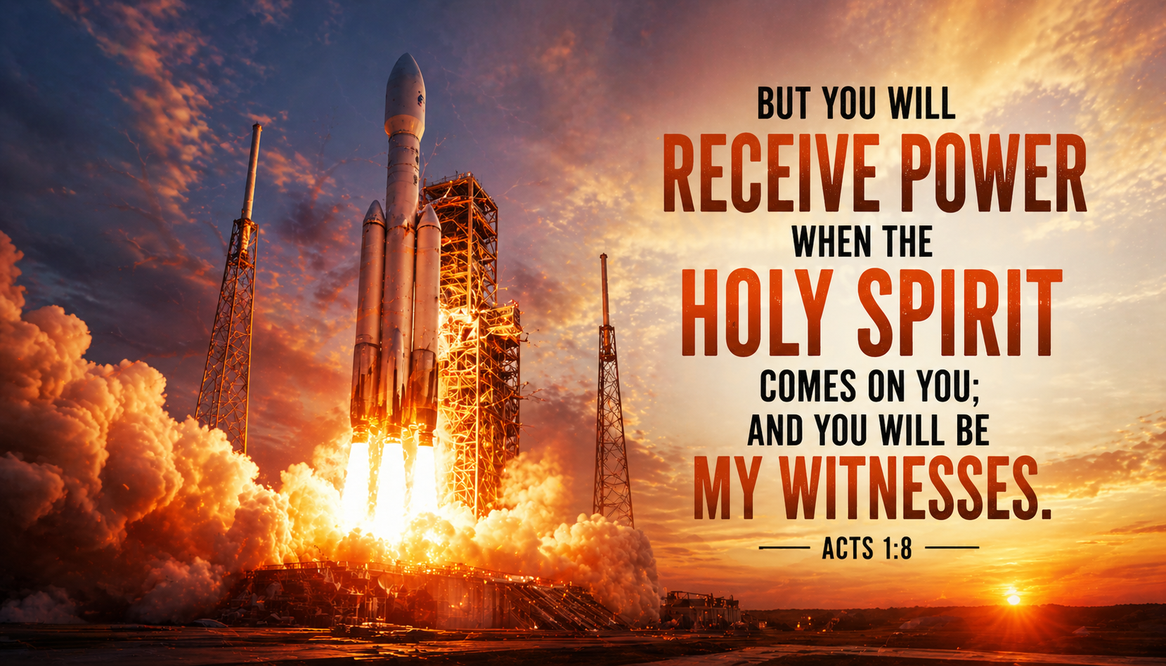 Bible verse wallpaper Acts 1:8 with rocket on launchpad at moment of ignition with fire and smoke at dawn